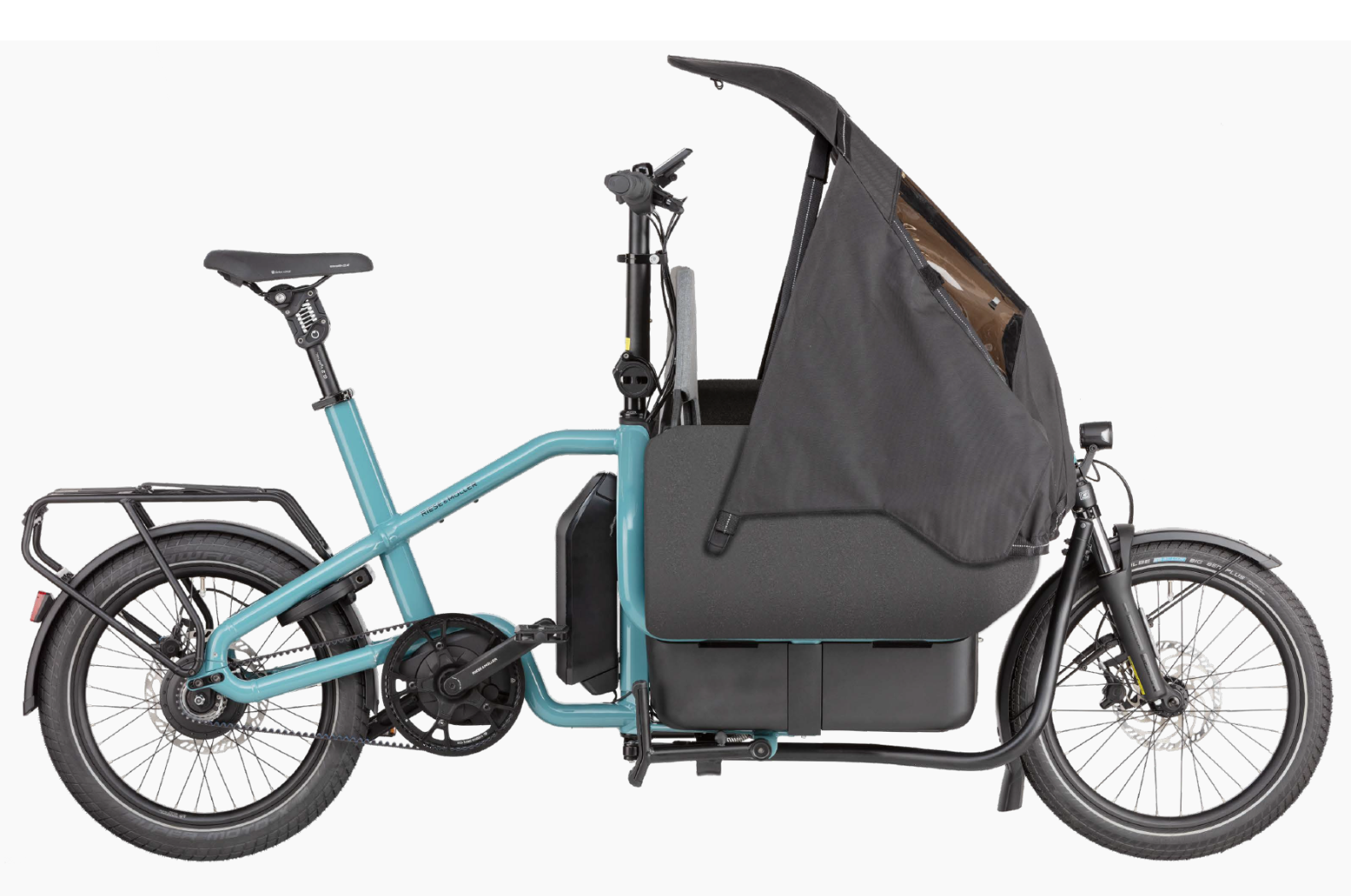 Riese and Muller Carrie Ecargo bike with child carrier and cover